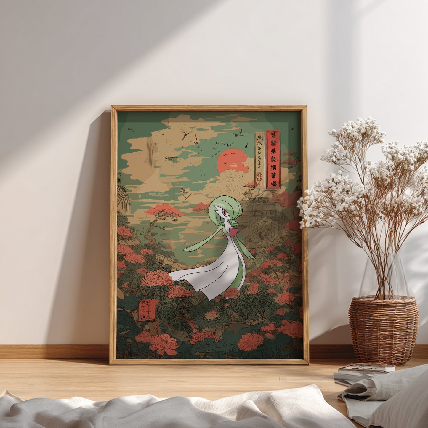 Framed artwork of Gardevoir Pokemon in a floral setting on a wall in a room with a plant and books.