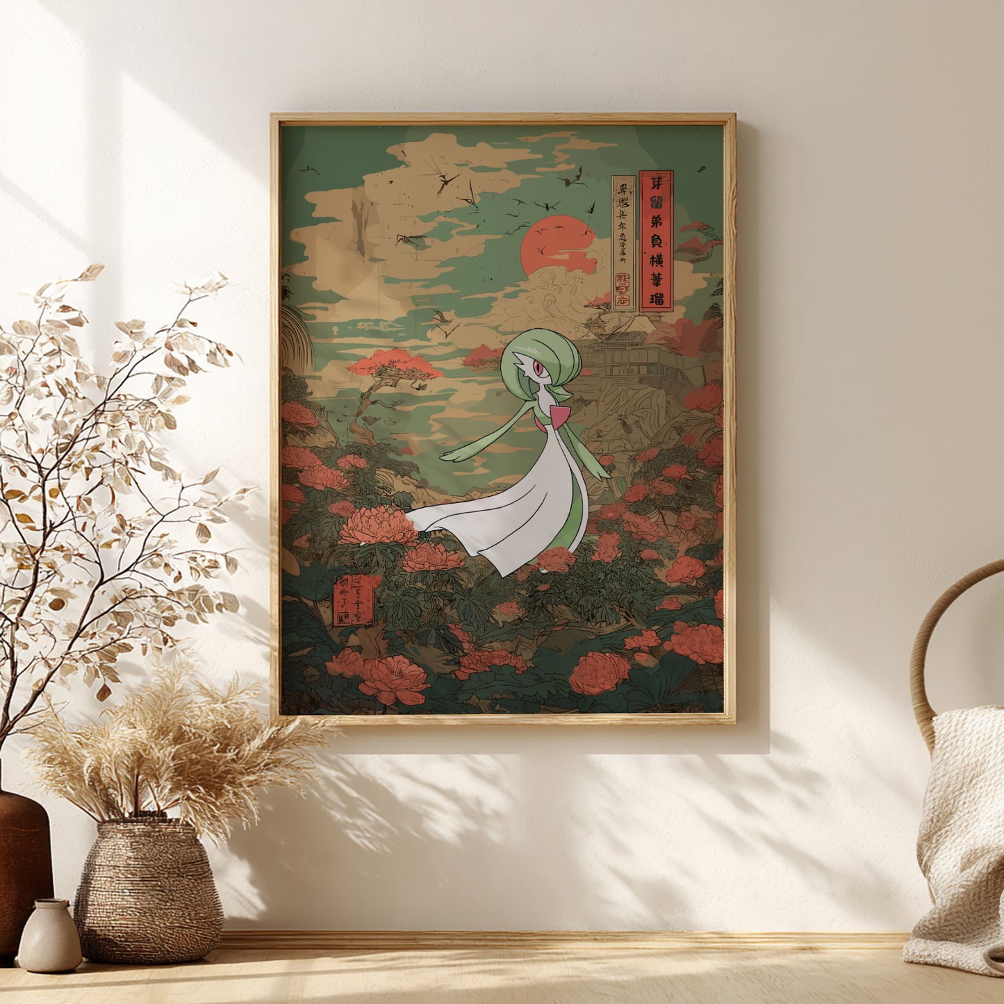 Framed artwork of a stylized Gardevoir Pokemon character in a floral setting on a wall with decorative elements.