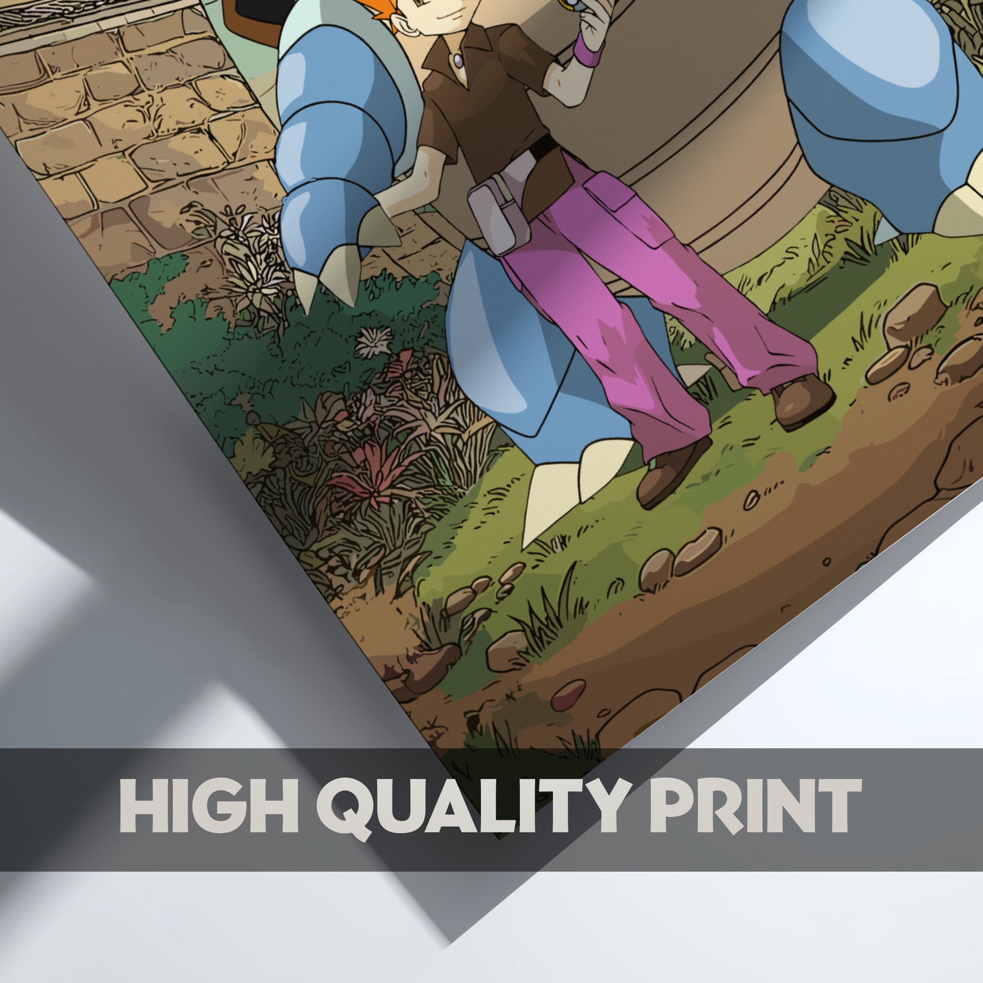 Gary Oak (Blue) and Blastoise character standing on a grassy area with 'High Quality Print' text overlay.