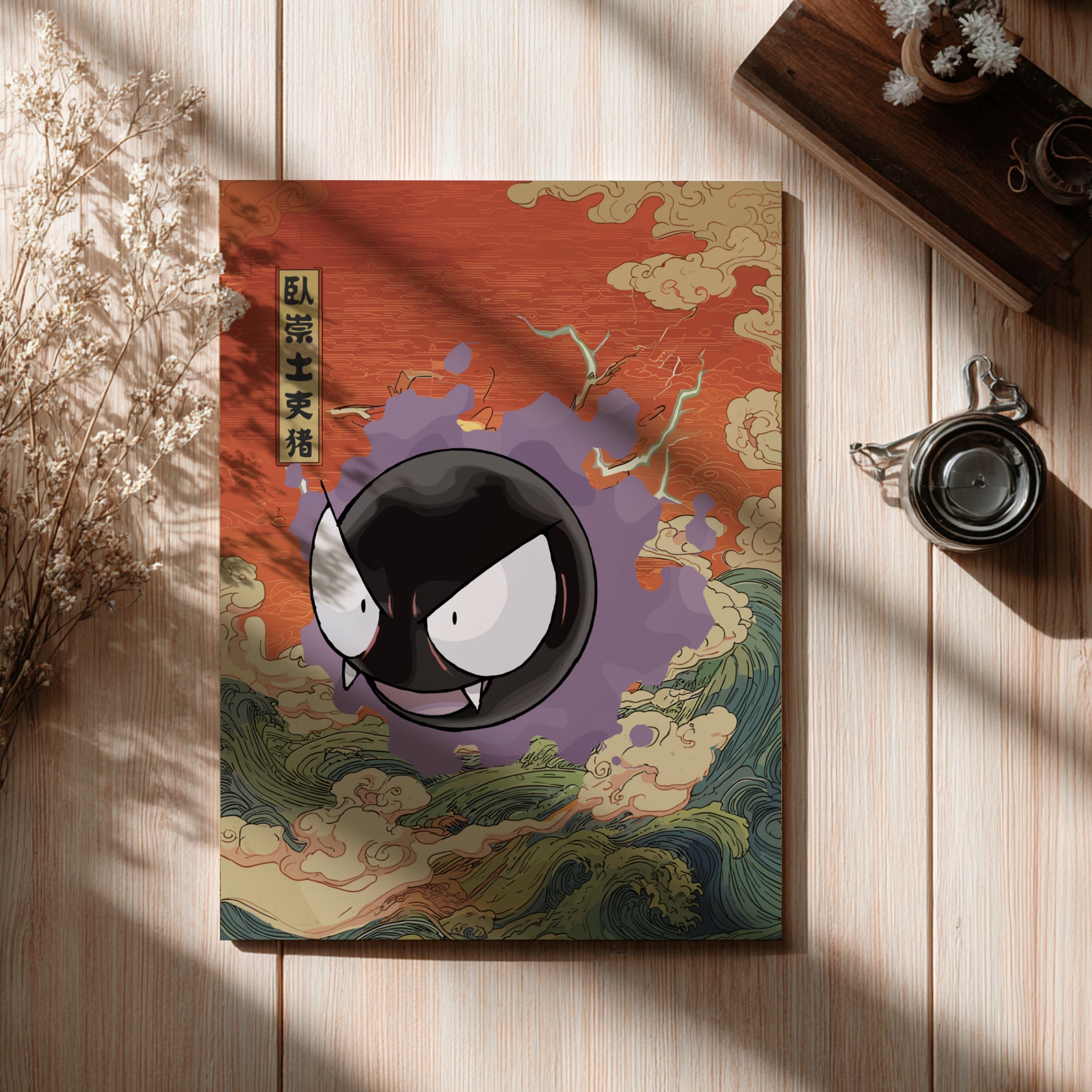 Decorative poster with Gastly Pokemon character design on a wooden surface
