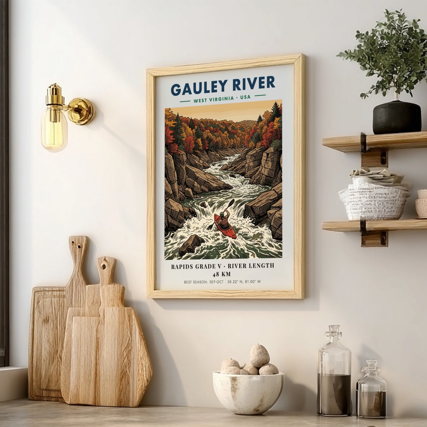 Poster of a kayaker navigating the Gauley River rapids surrounded by autumn forest cliffs.