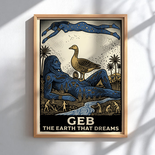 Poster featuring the Egyptian god Geb in blue and gold with a goose.