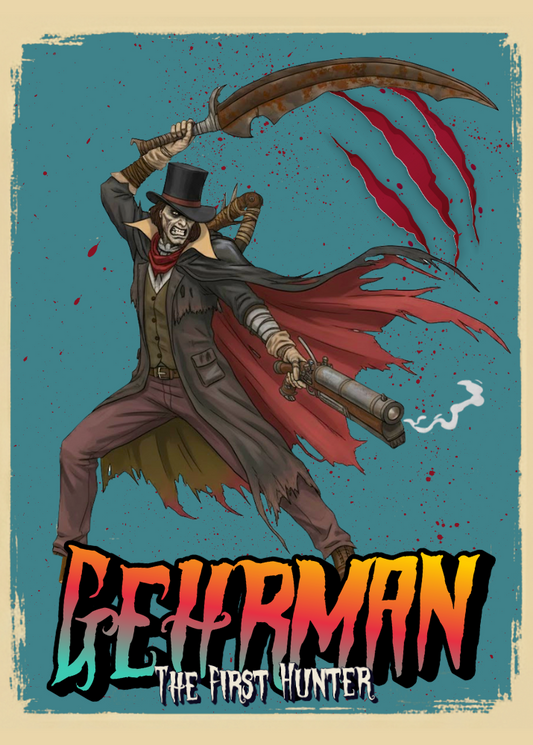 Illustration of Gehrman from Bloodborne, set against a blue and beige background.