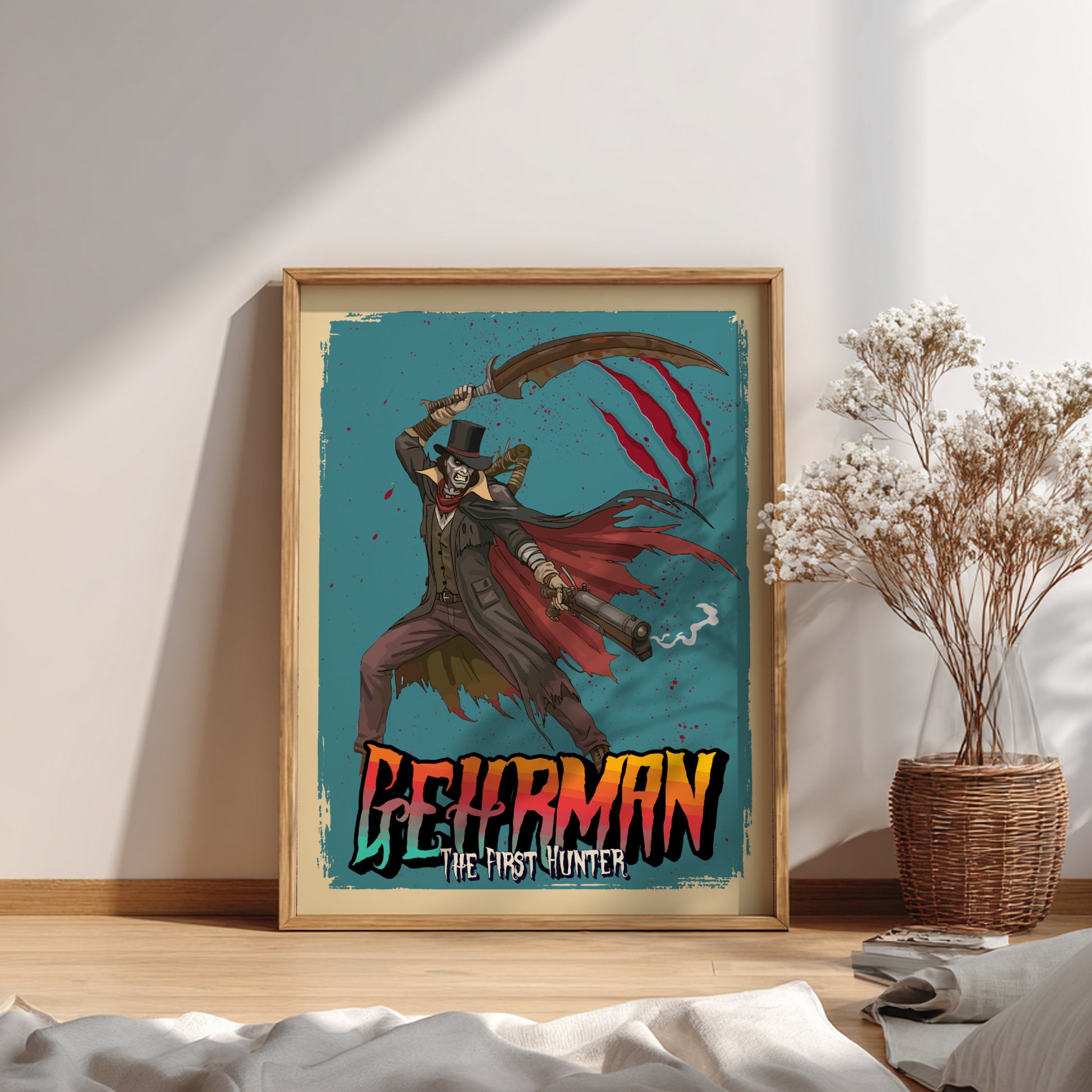 Framed poster of Gehrman from Bloodborne on a wall in a room with a plant and decor.