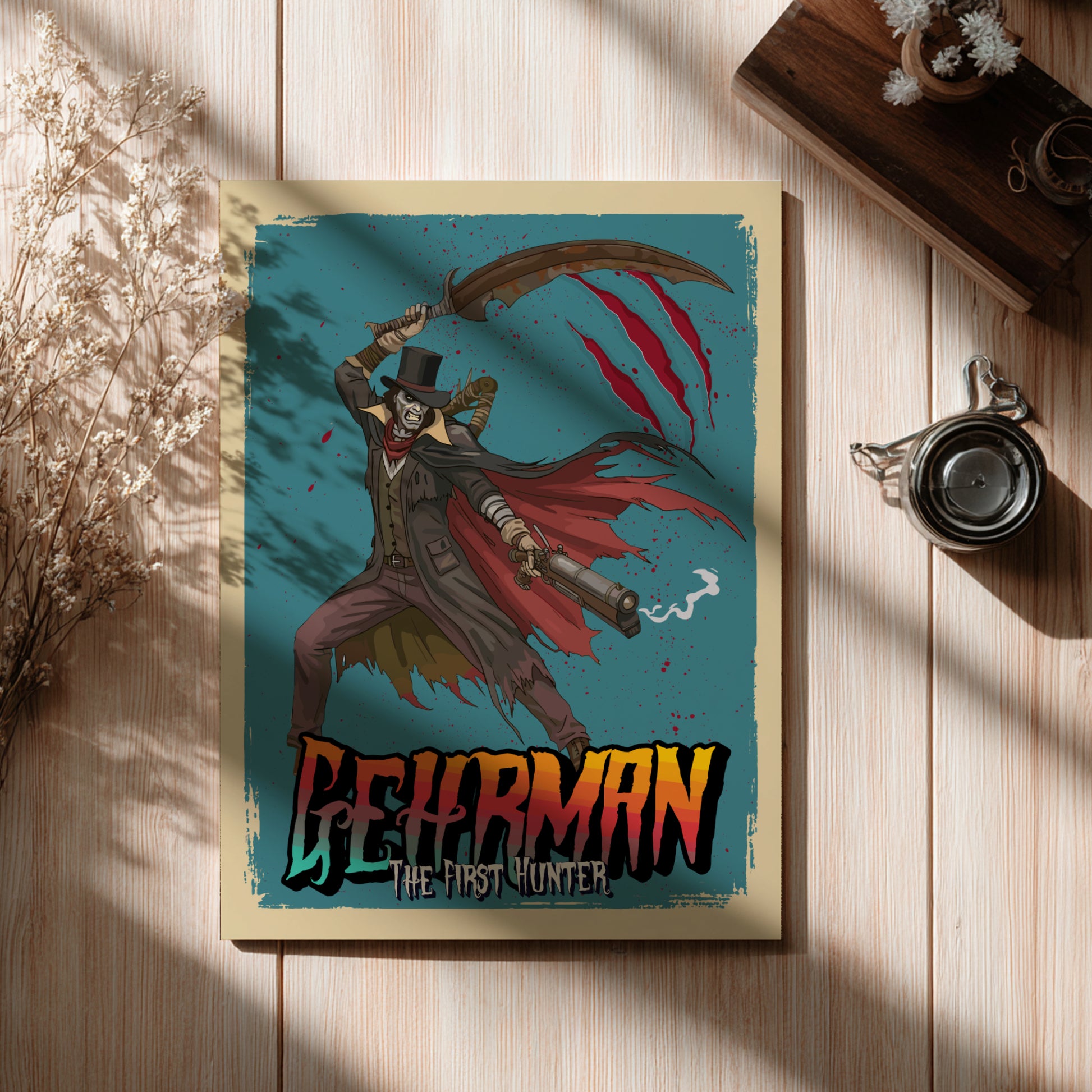 Poster of Gehrman from Bloodborne on a wooden surface with decorative elements.