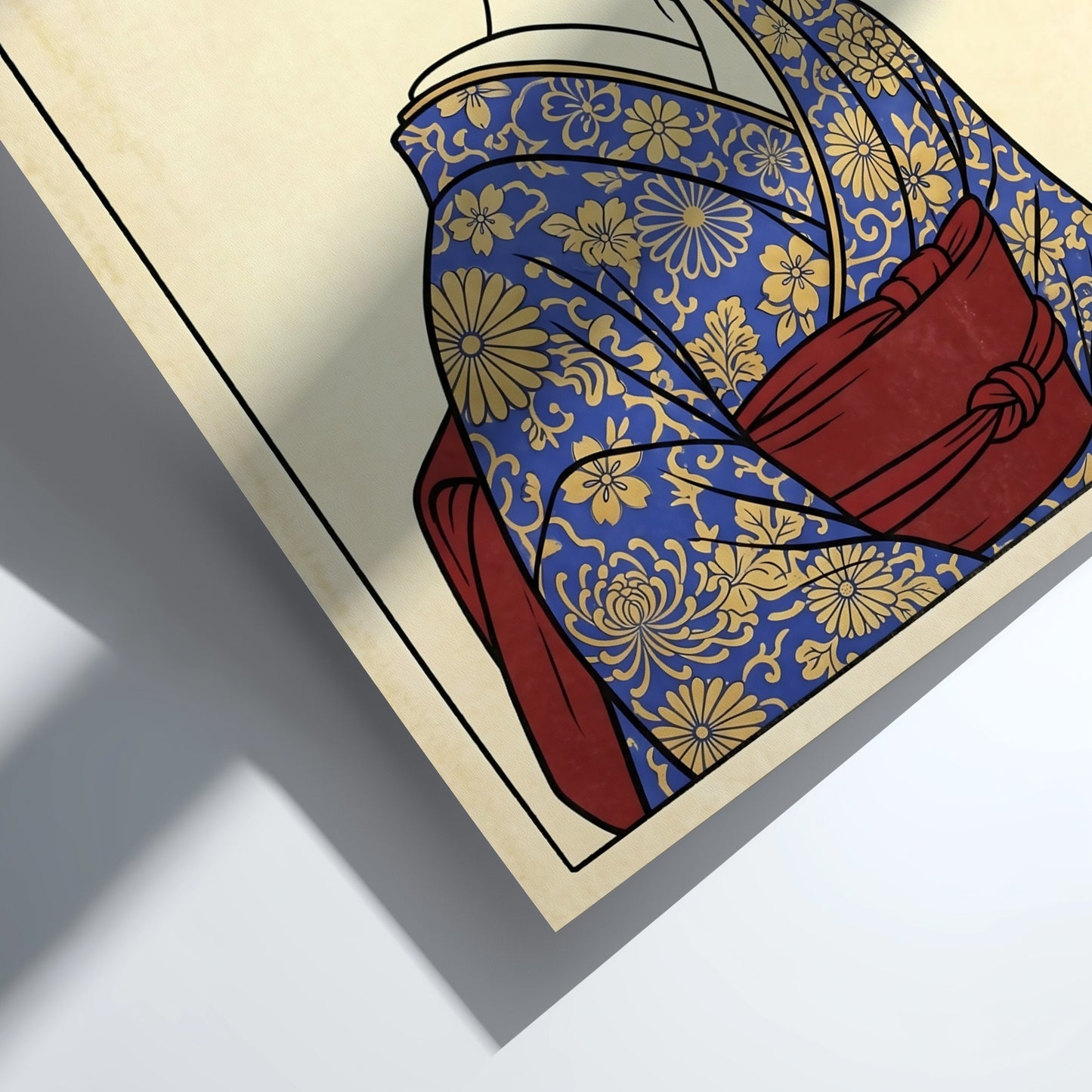 Japanese art style poster featuring a geisha in a blue kimono with floral patterns