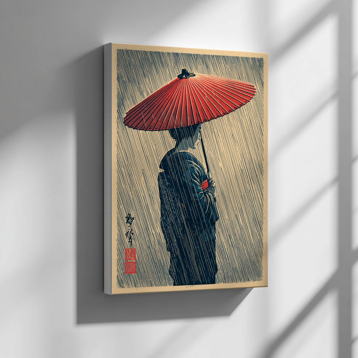 Japanese art style poster of a geisha holding a red umbrella in the rain, featuring muted colors and elegant