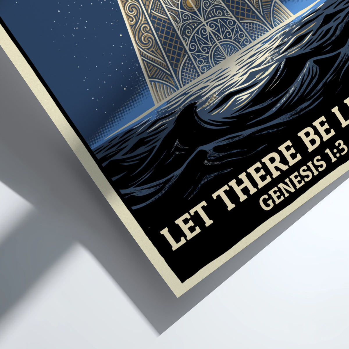 Poster featuring golden light rays descending from a mandala into dark blue waves.