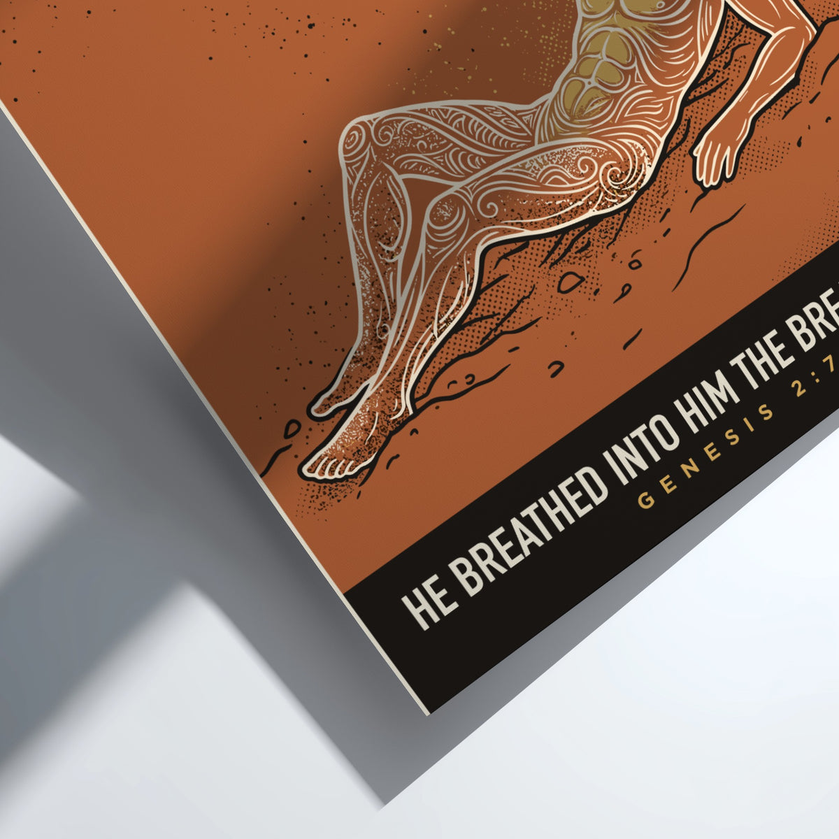 Poster featuring an ornate figure lying on clay soil with a rising breath line.
