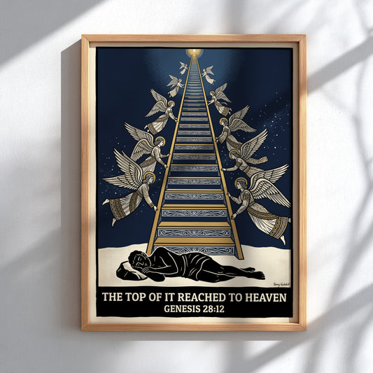 Poster featuring Jacob sleeping below a ladder with angels ascending in navy and cream