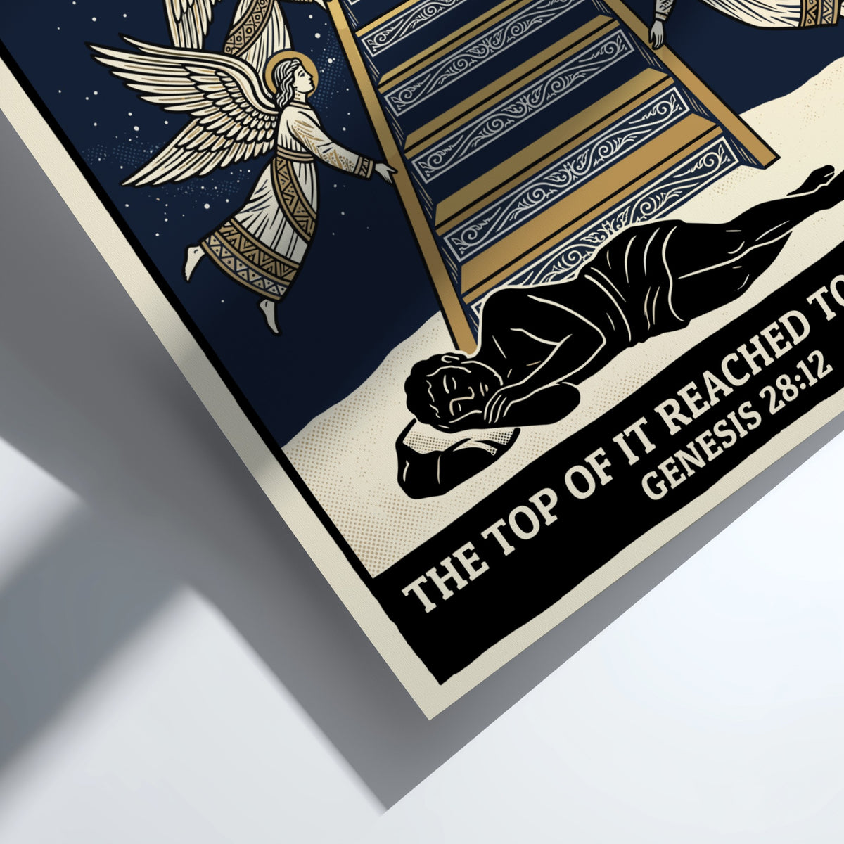 Poster featuring Jacob sleeping below a ladder with angels ascending in navy and cream
