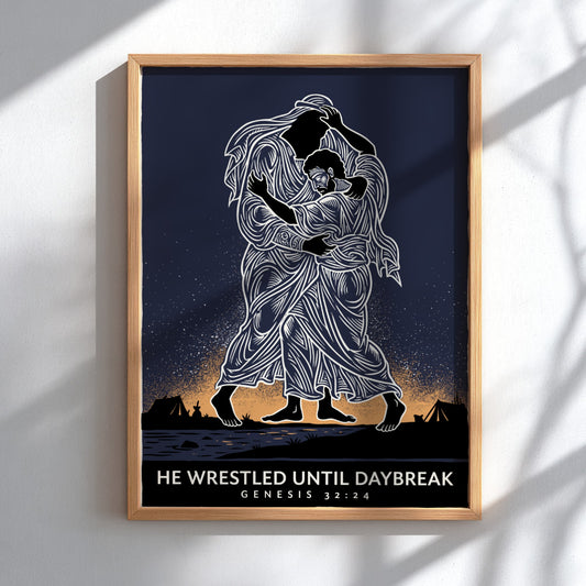 Poster featuring a dark navy illustration of two figures wrestling under a sunrise.