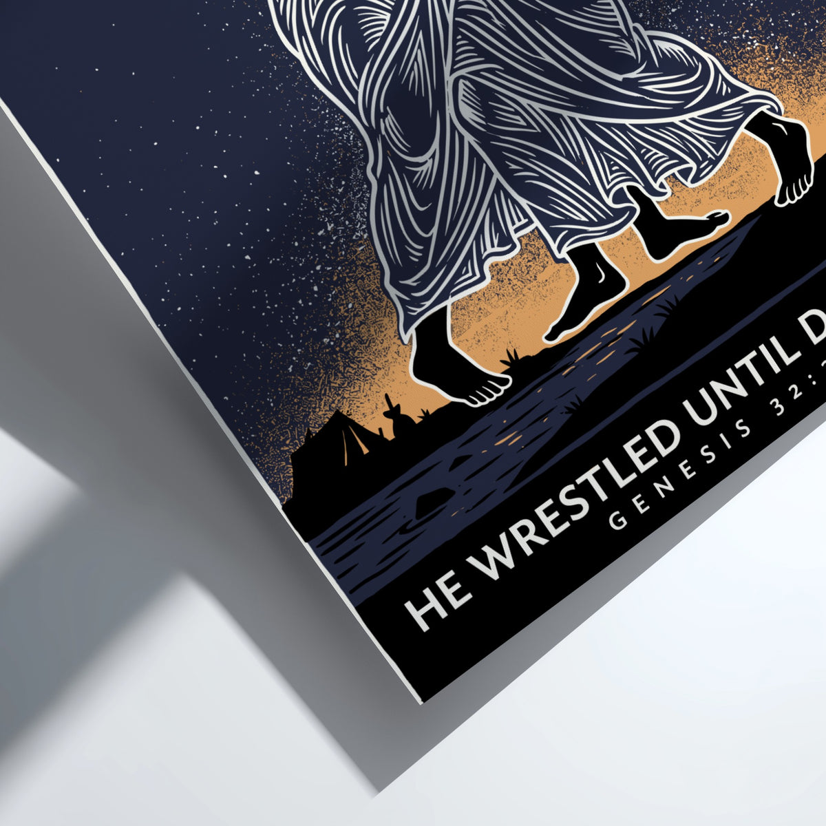 Poster featuring a dark navy illustration of two figures wrestling under a sunrise.