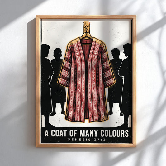 Poster displaying a red patterned coat on a hanger with silhouetted figures nearby.