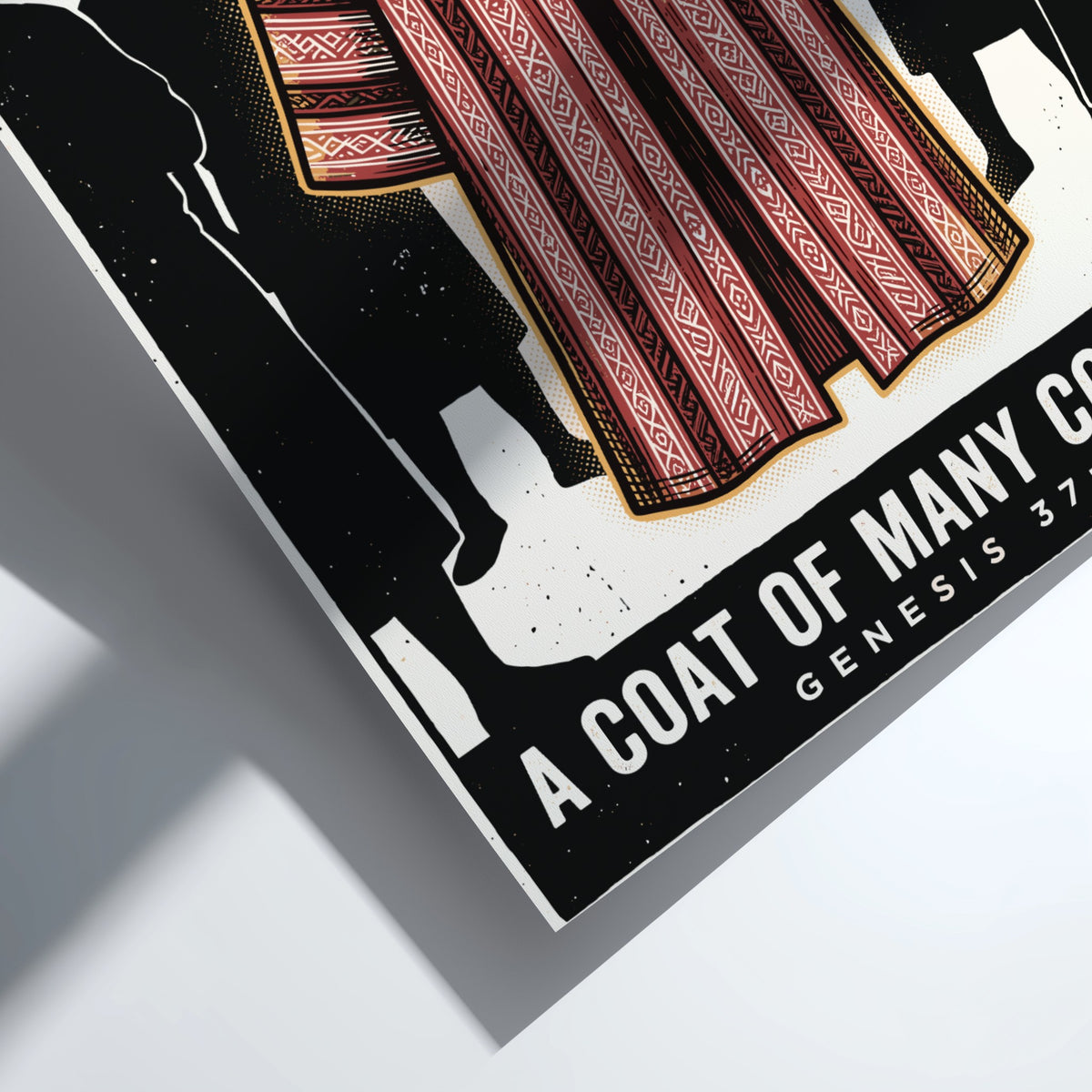 Poster displaying a red patterned coat on a hanger with silhouetted figures nearby.