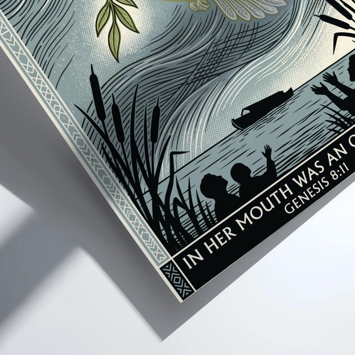 Poster featuring a dove with an olive leaf flying over figures near water