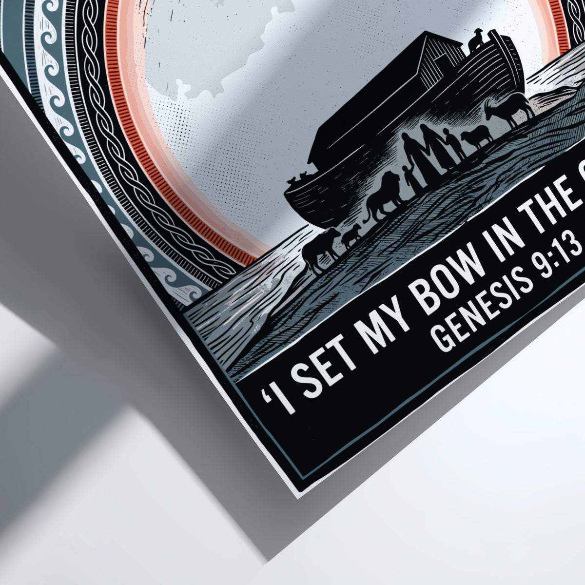 Poster featuring Noahs ark silhouette with a rainbow arch and biblical text quote included