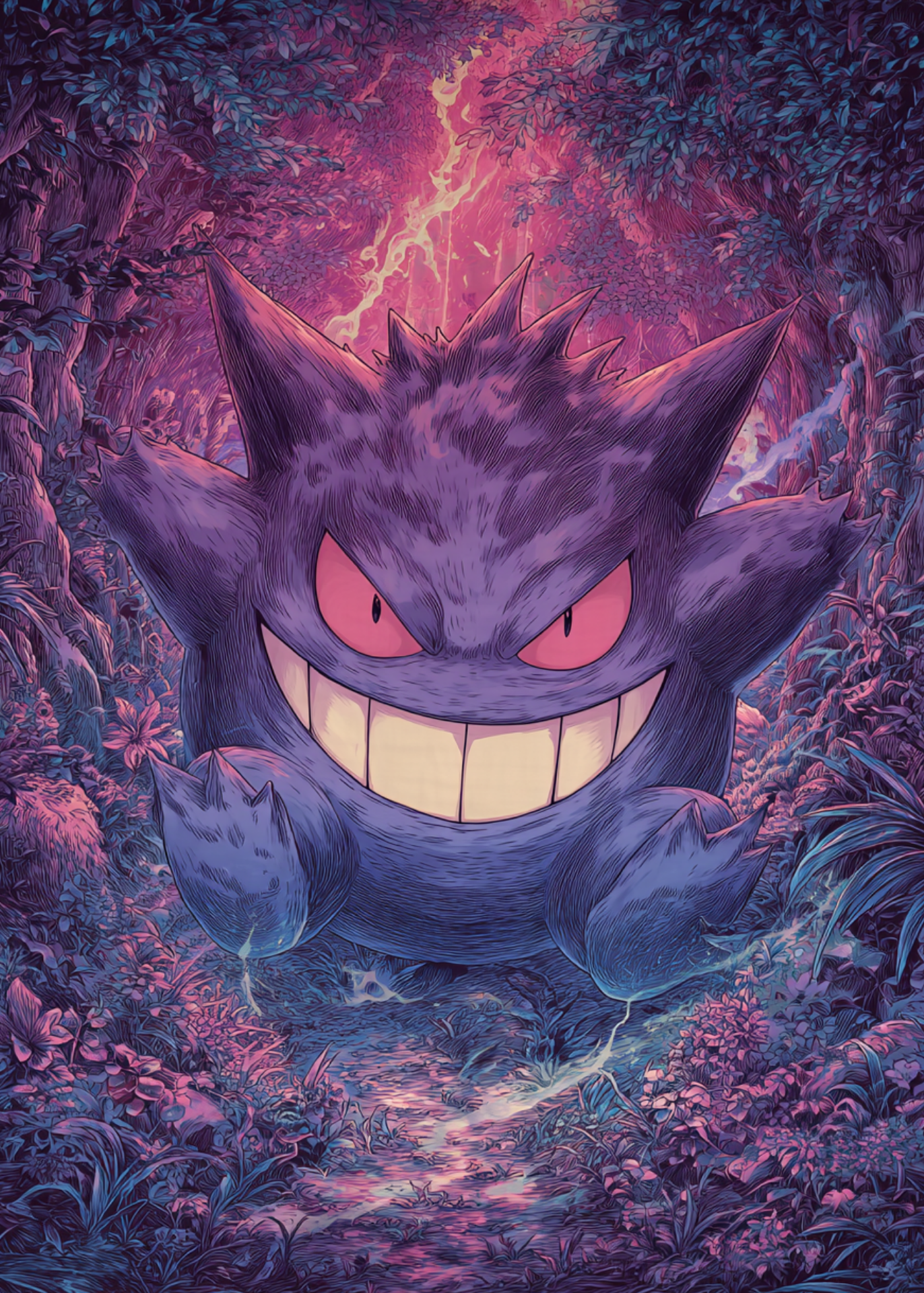 Illustration of Gengar Pokemon in a forest setting.