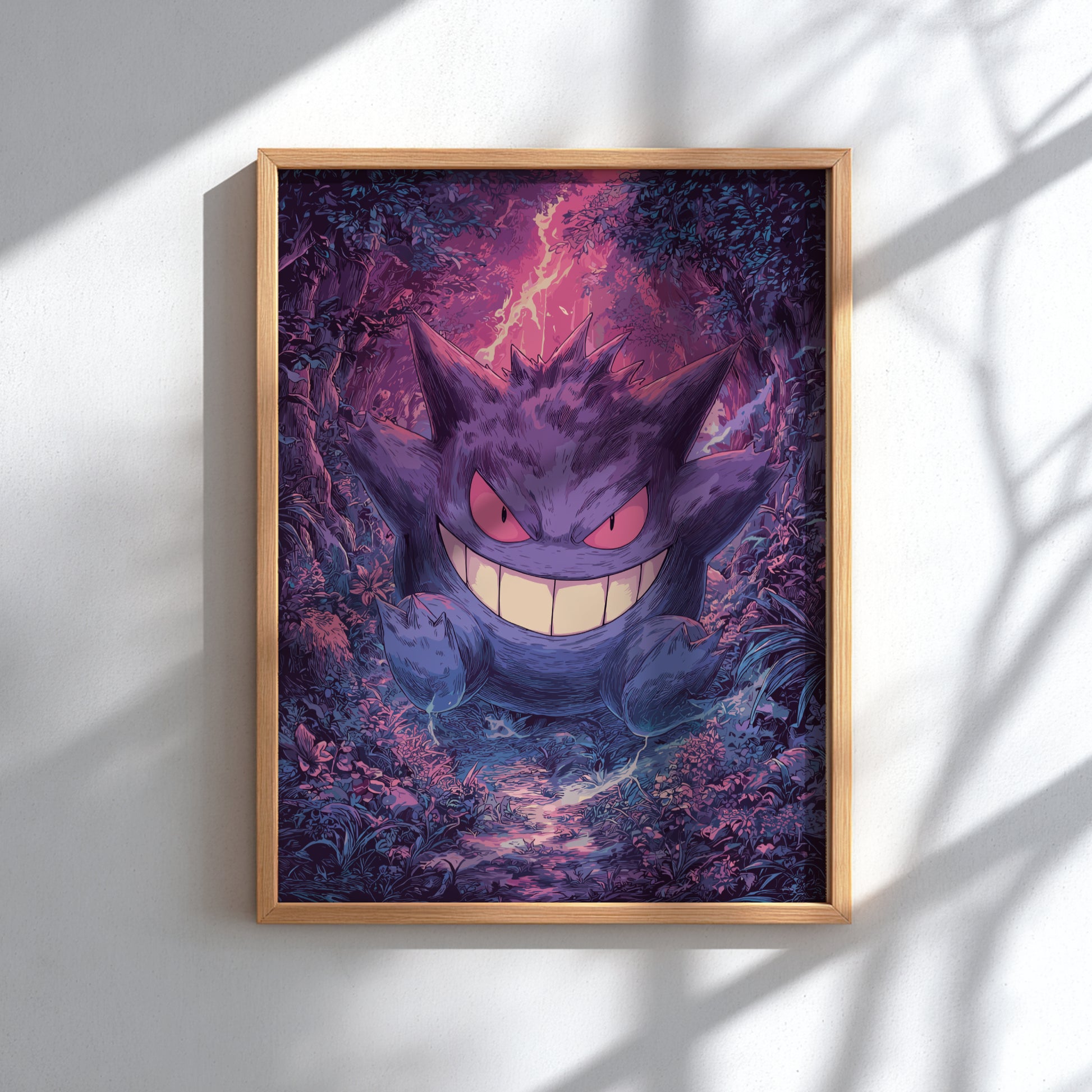 Framed artwork of Gengar Pokemon, set against a dark background.