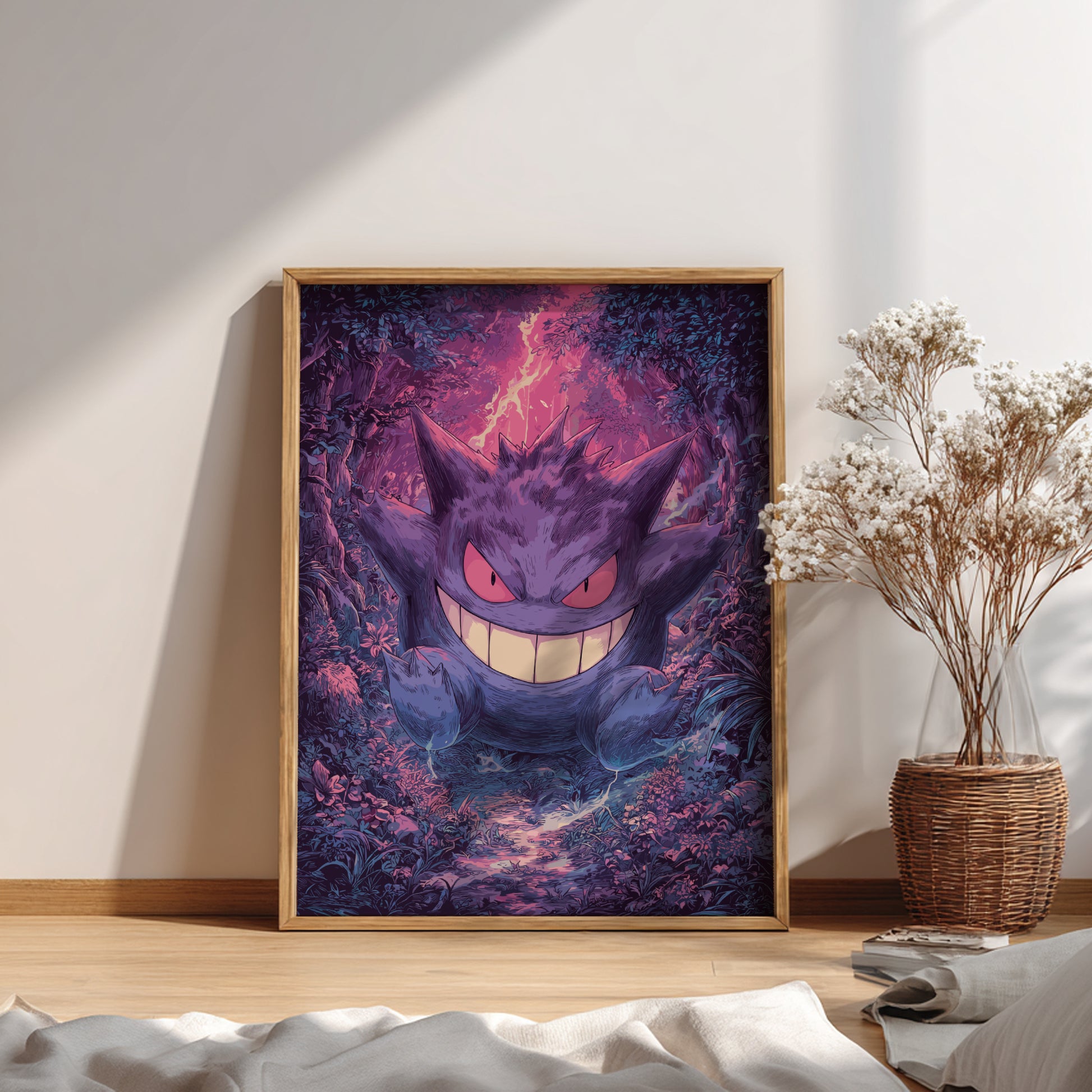 Framed artwork of Gengar Pokemon on a wall in a room with a plant and books.