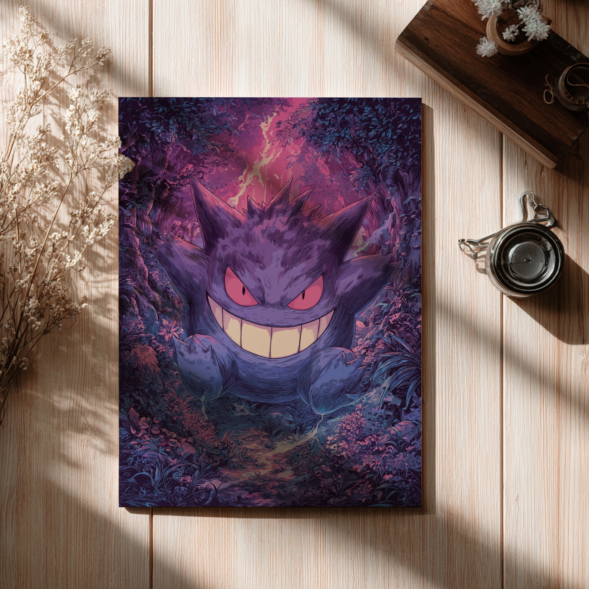 Gengar character from Pokémon on a wooden surface with a cup and flowers.