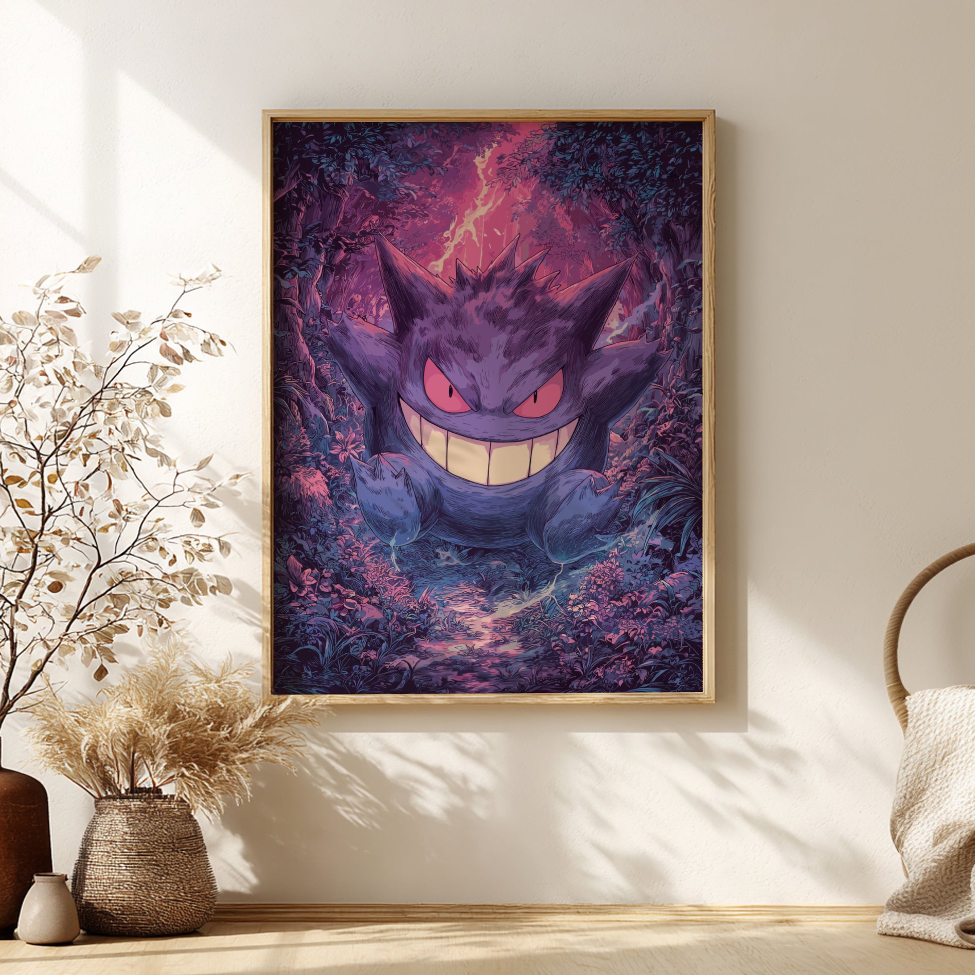 Framed artwork of Gengar Pokemon on a wall with decorative elements.