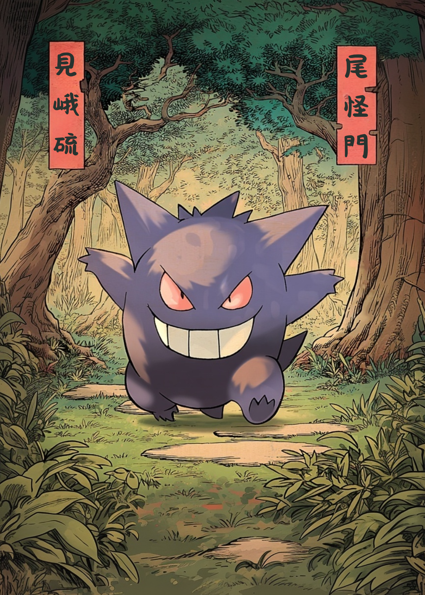 Gengar Pokémon character in a forest with red banners and Japanese text