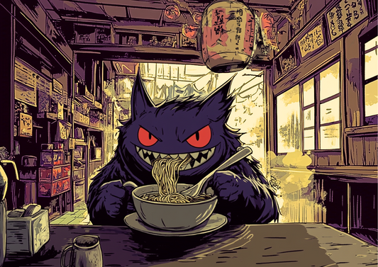 Affiche de paysage Gengar Ramen - Illustration inspirée de Pokémon de style japonais