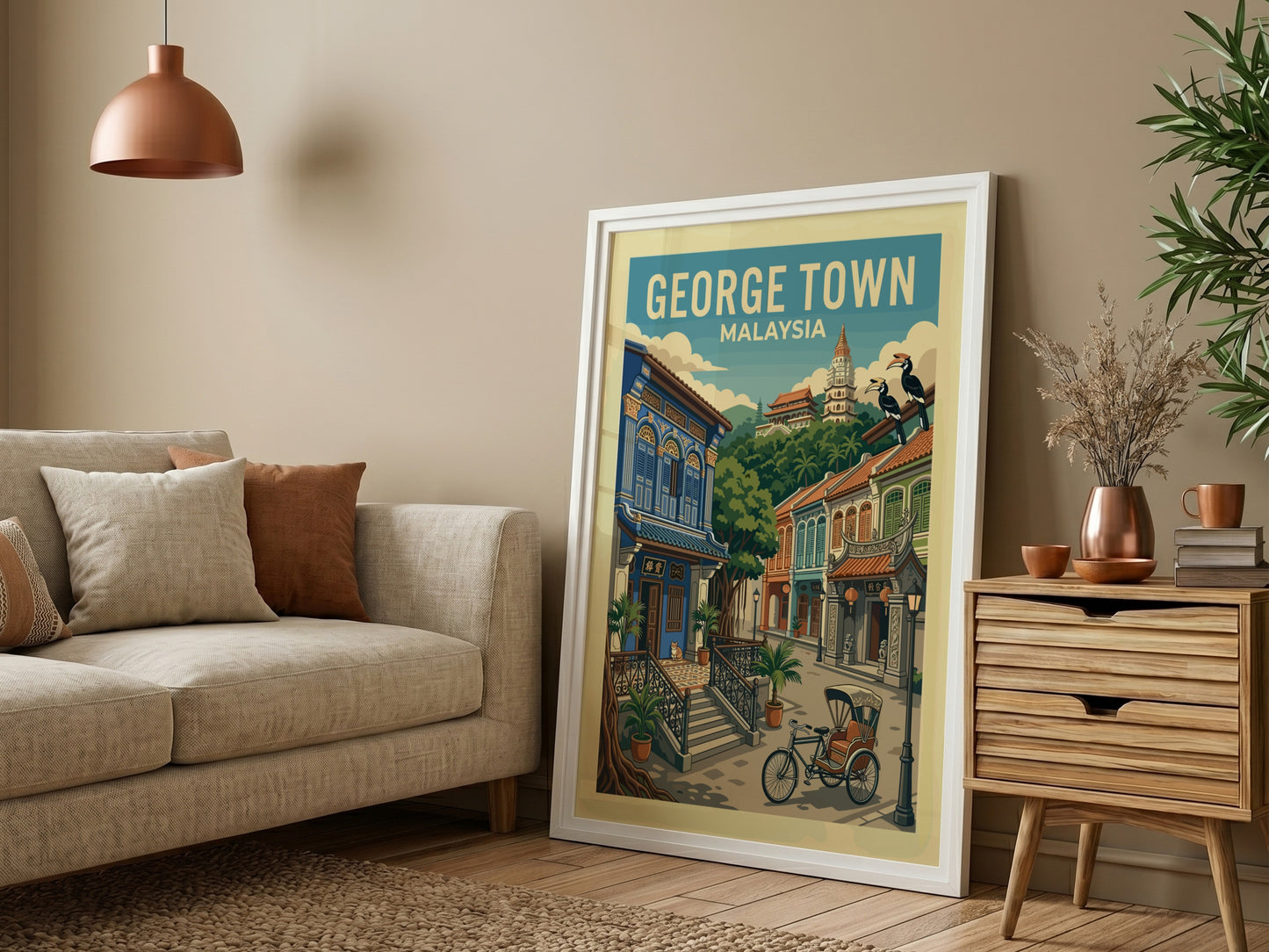 Vintage George Town, Malaysia travel poster featuring colourful shophouses and a bicycle.