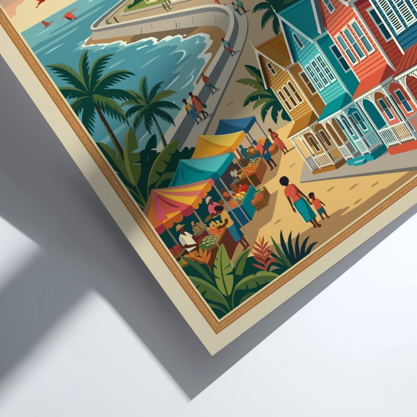 Georgetown Guyana travel poster featuring colonial buildings, a coastal market, and palm trees.