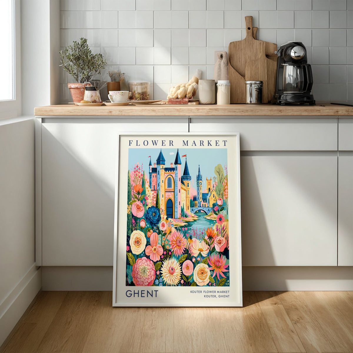 Flower market poster featuring vibrant cityscape and florals in pink and green hues