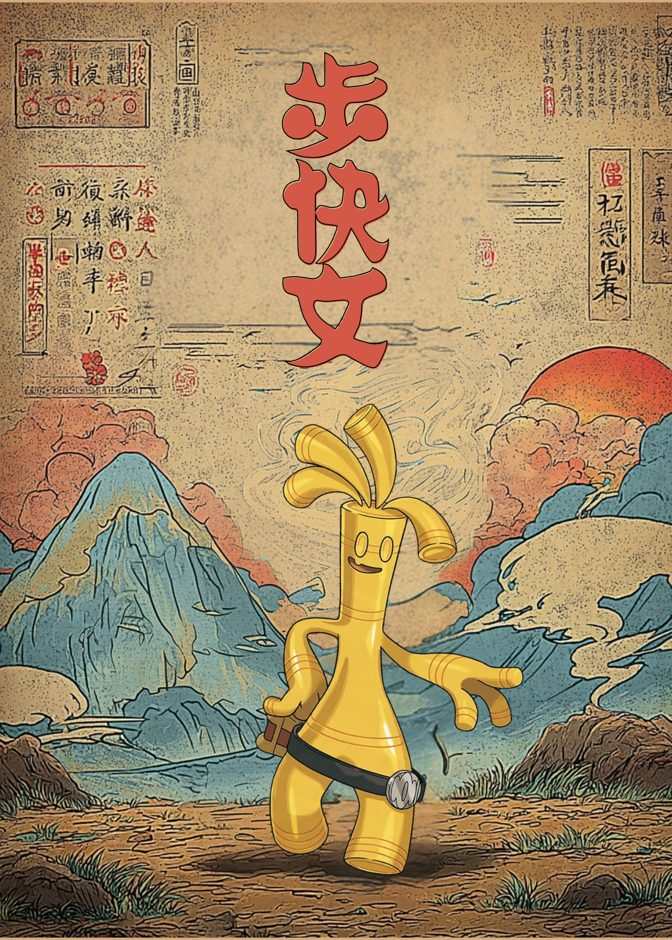 Gholdengo Pokemon character in a stylized landscape with traditional Chinese elements