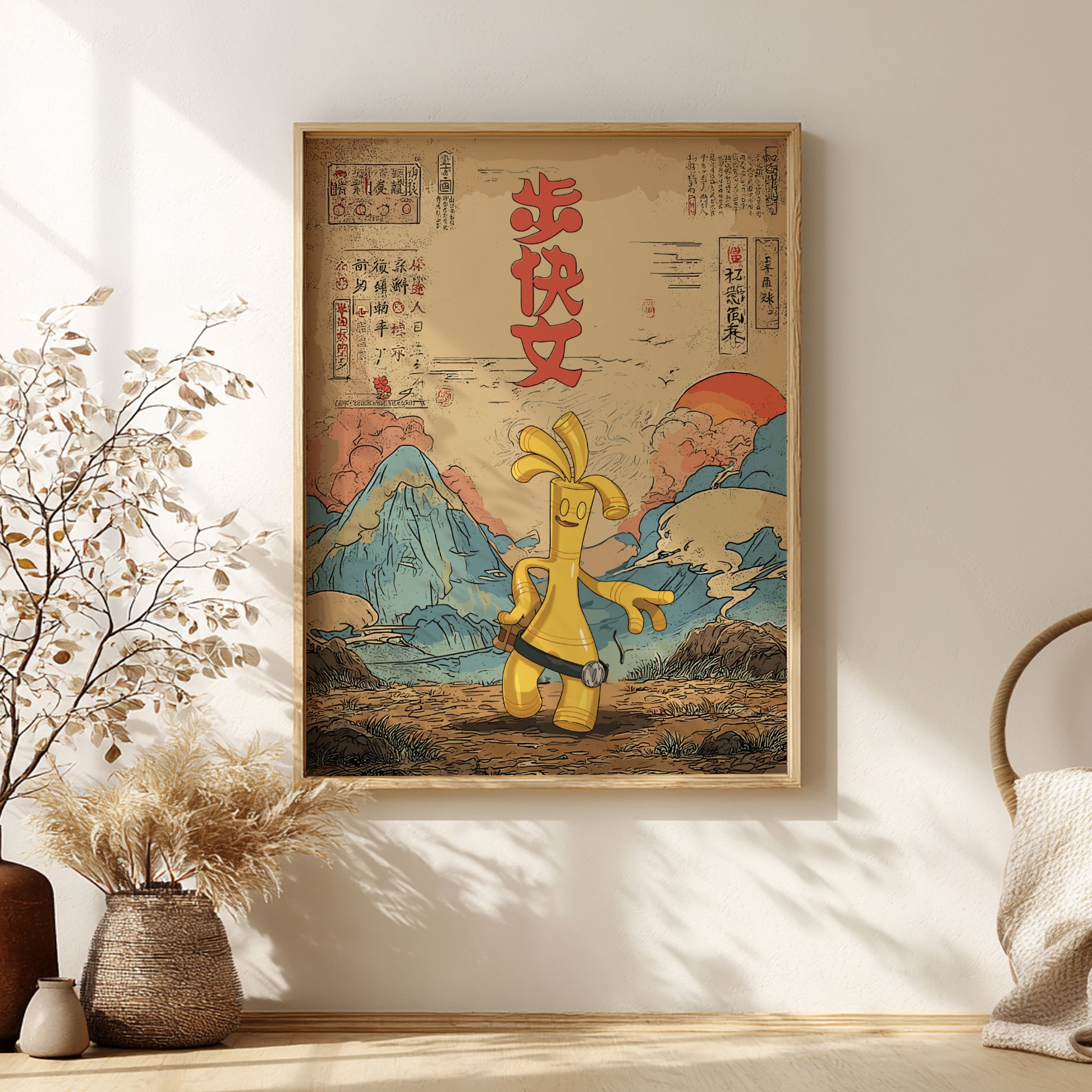 Framed artwork with a Gholdengo Pokemon character and mountain landscape on a wall.