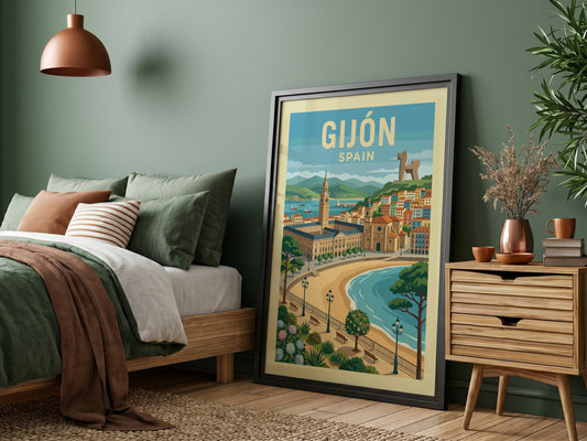 Retro travel poster of Gijon, Spain, featuring coastline, architecture, and sculpture. Coastal wall art.