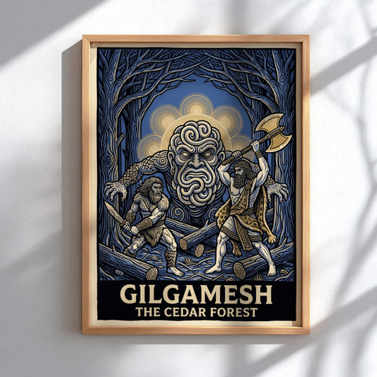 Gilgamesh poster featuring two heroes fighting a forest giant in a dark blue woods.