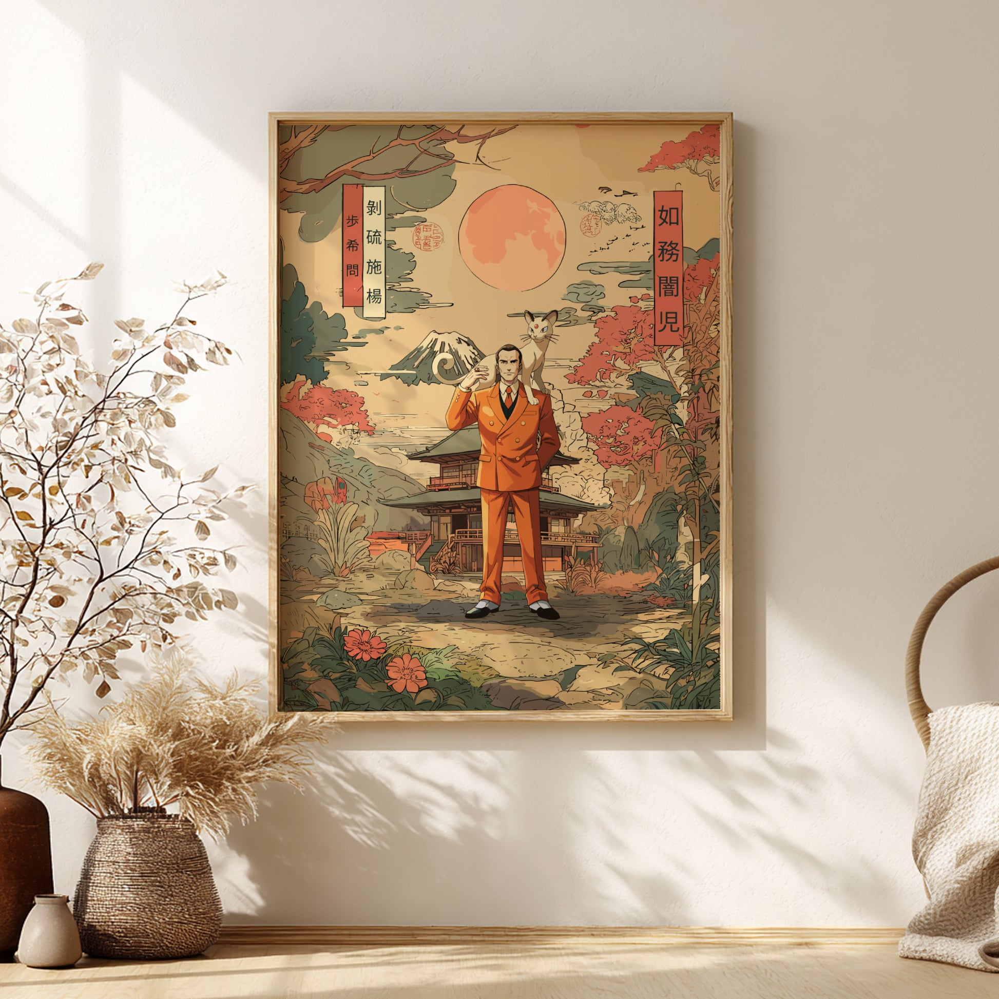 Framed artwork of Giovanni and Persian Pokemon on a scenic background, displayed on a wall.