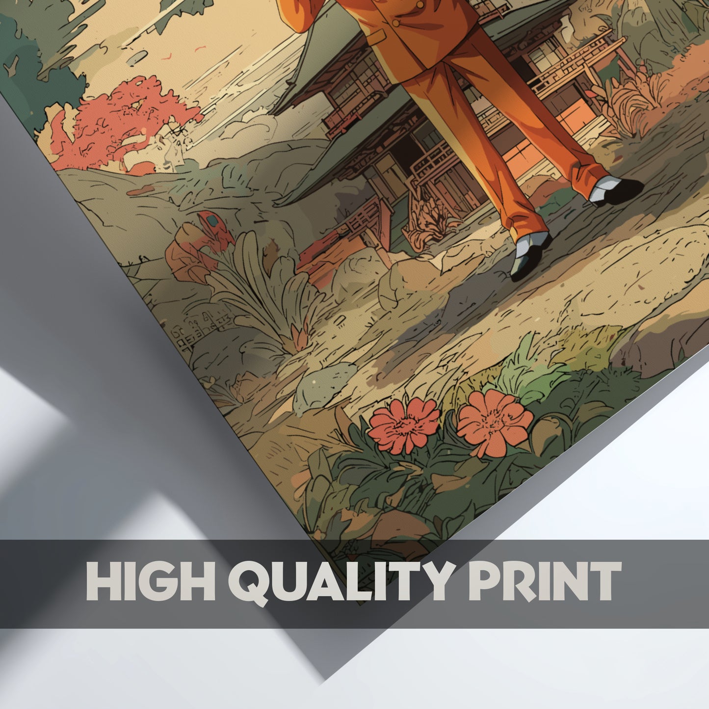 Artistic depiction of Giovanni and Persian Pokemon with traditional architecture and nature in the background, labeled 'High Quality Print'.