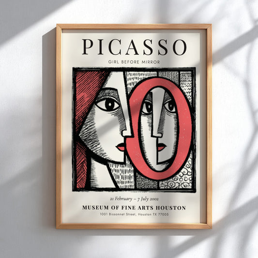 Picasso inspired poster featuring bold colors and modern art style with a focus on the girl before the mirror