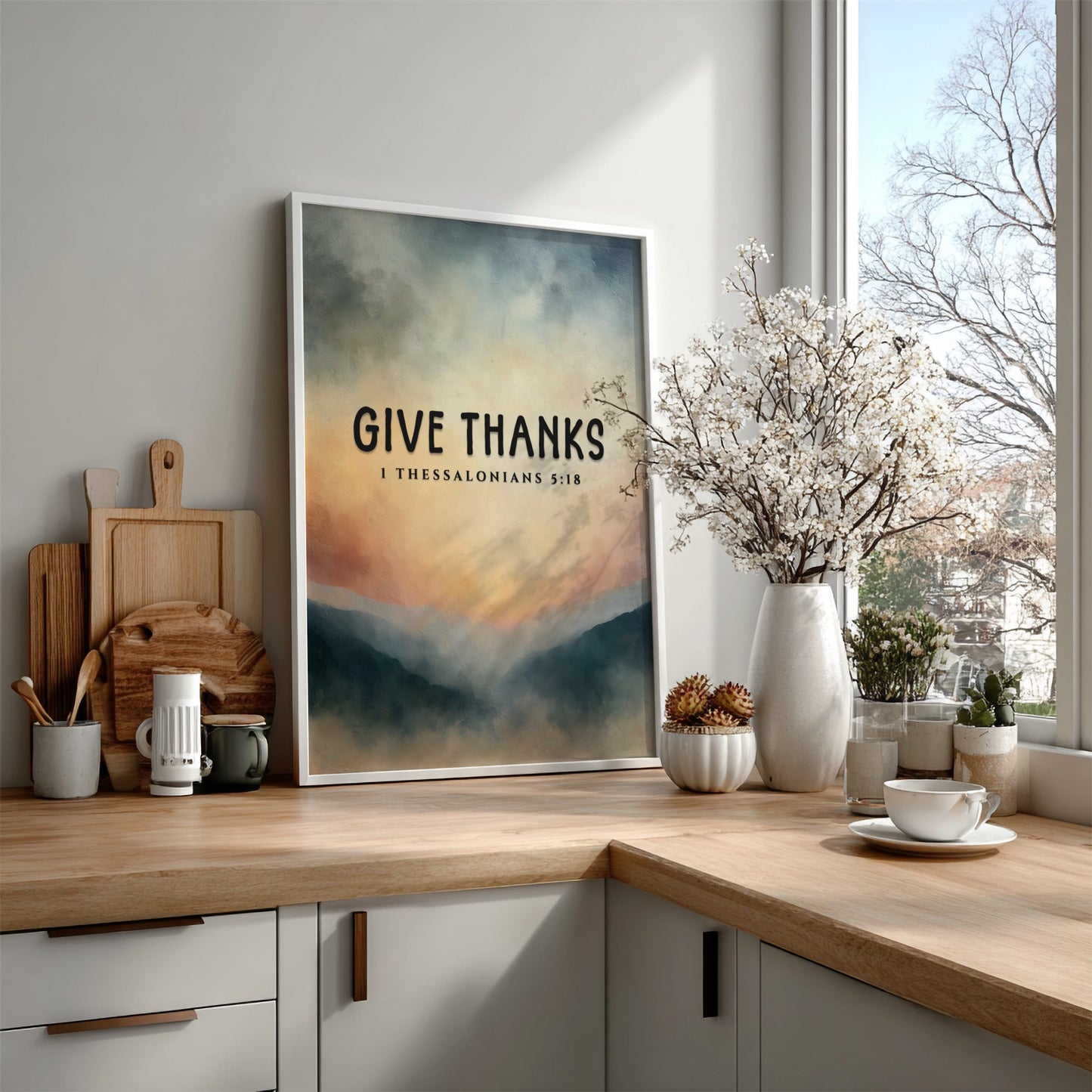 Inspirational poster featuring the phrase 'Give Thanks' with a serene landscape in soft colors