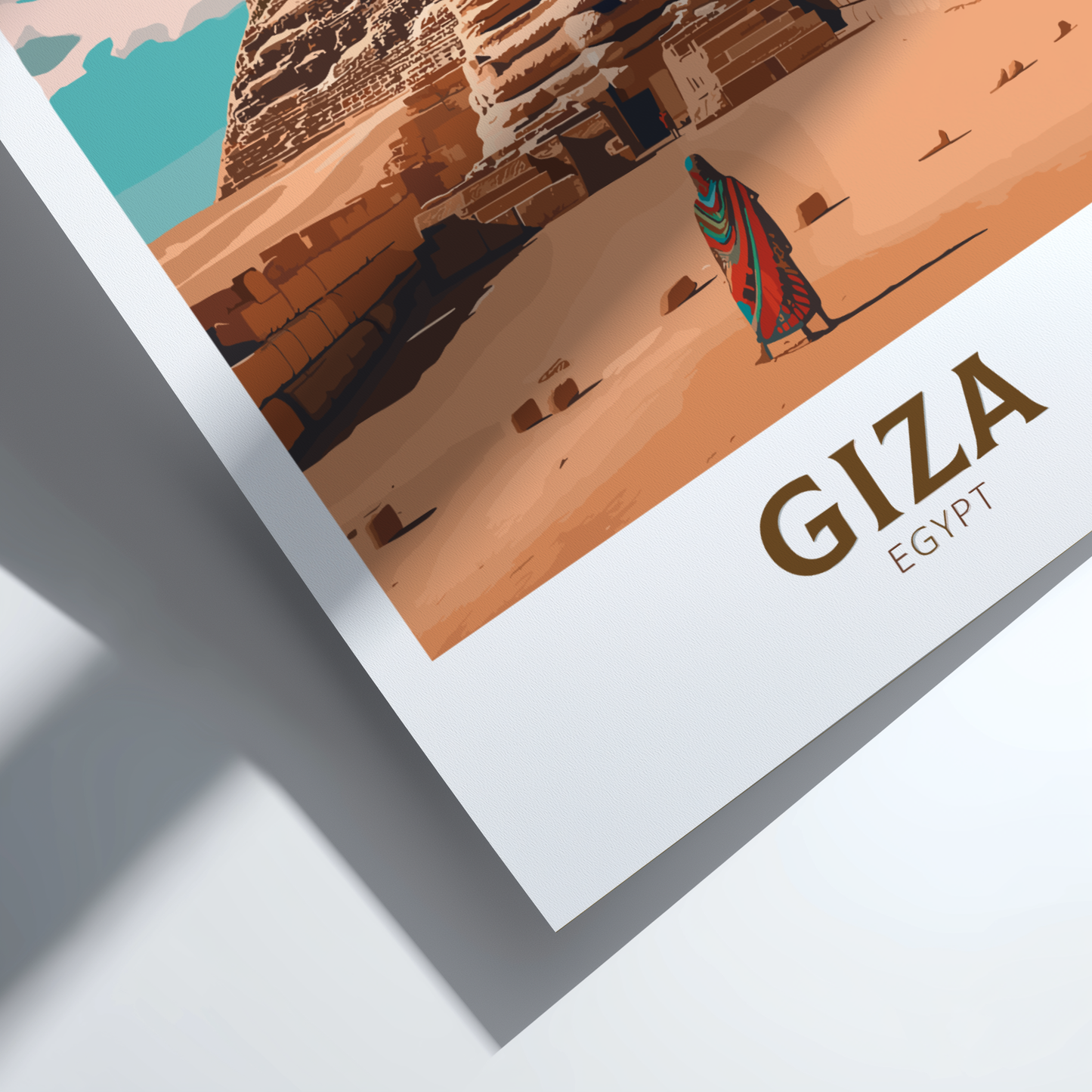 Poster of Giza, Egypt with a pyramid and person in traditional clothing on a white background.