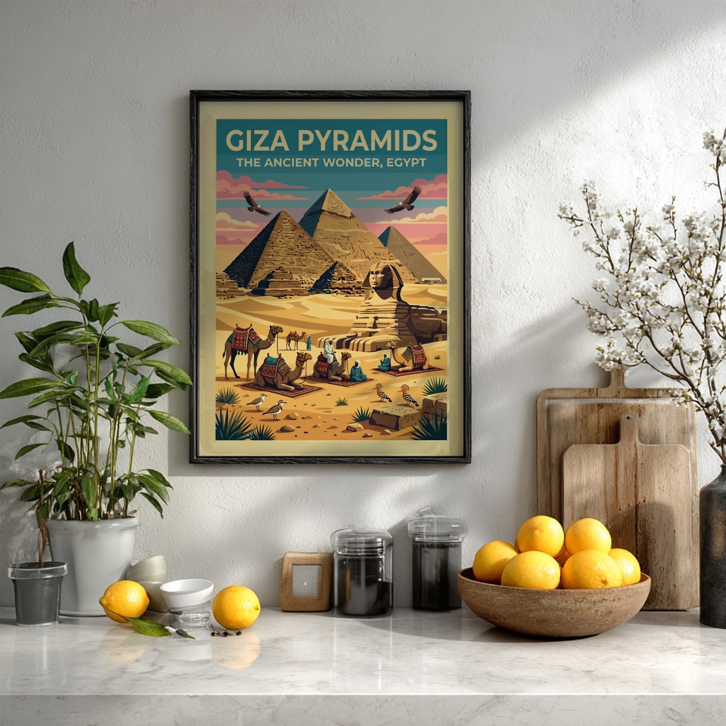 Travel poster featuring Giza Pyramids and Sphinx in warm desert colours and vintage style
