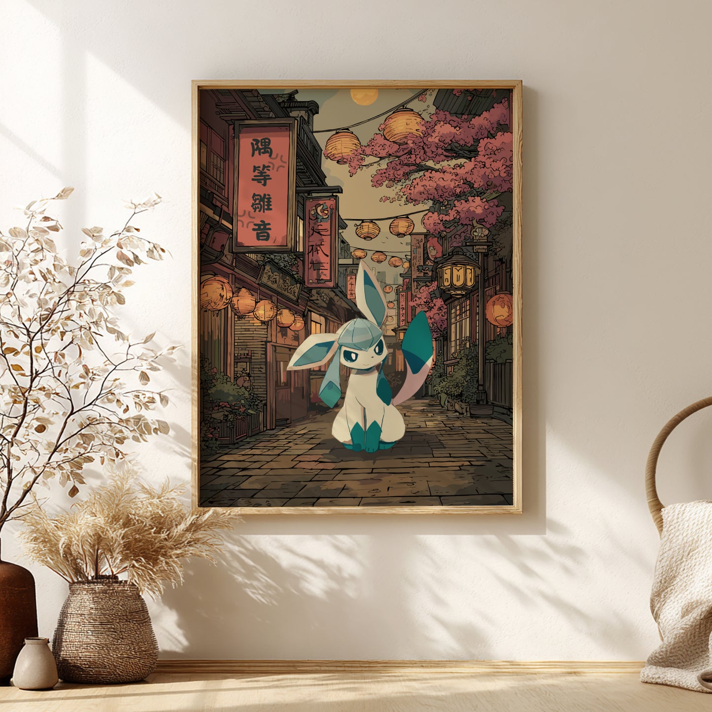 Framed artwork of a stylized Glaceon Pokemon character in a traditional Japanese street setting on a wall.