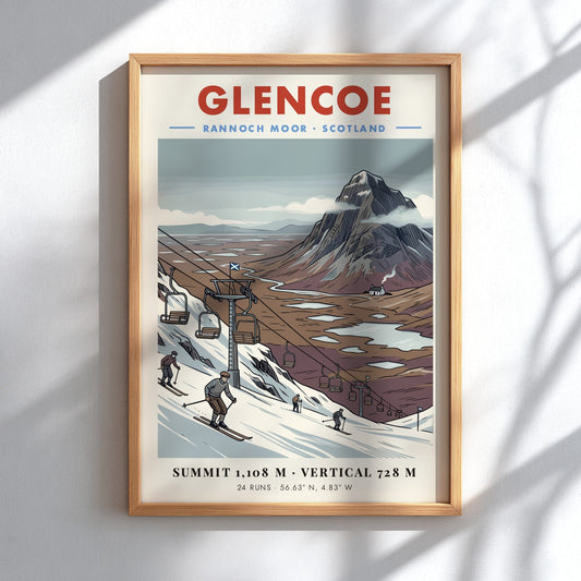 Poster featuring a vintage illustration of Glencoe ski slopes and Rannoch Moor mountains