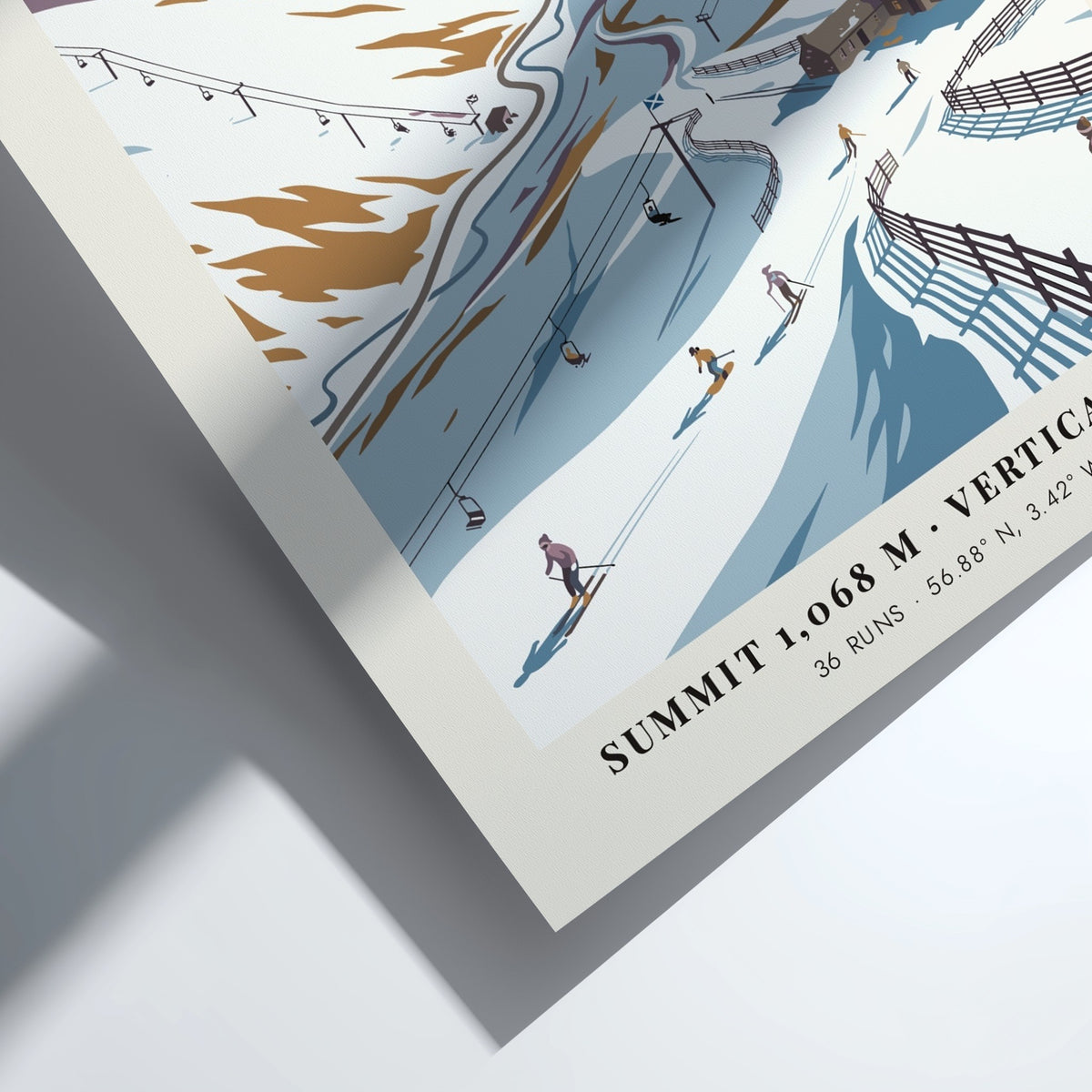 Poster of Glenshee in the Grampian Mountains featuring snow-covered slopes and ski lifts.