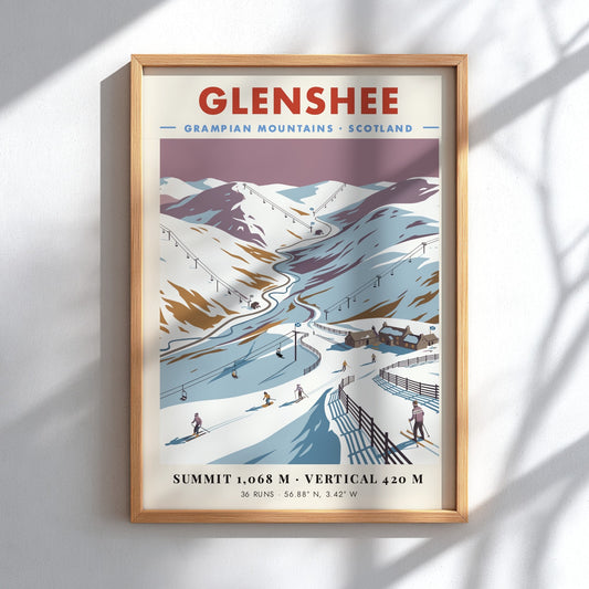 Poster of Glenshee in the Grampian Mountains featuring snow-covered slopes and ski lifts.