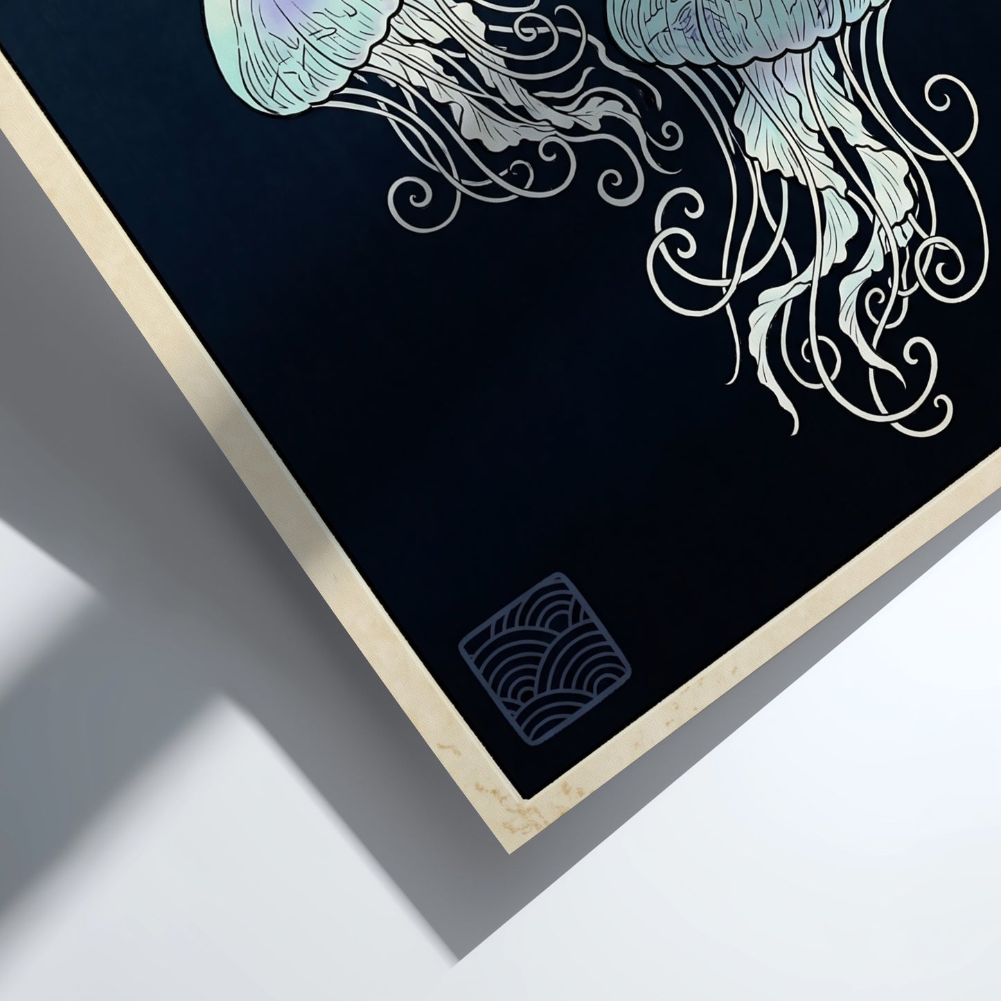 Japanese art style poster featuring glowing jellyfish in soft blue and purple hues
