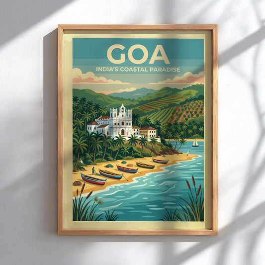 Travel poster of Goa India showing a white church, palm trees, and boats.