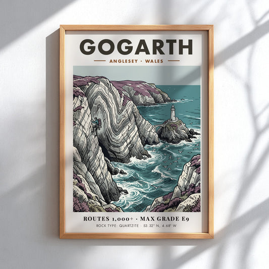 Poster of a climber on Gogarth cliffs in Anglesey with a distant lighthouse view.