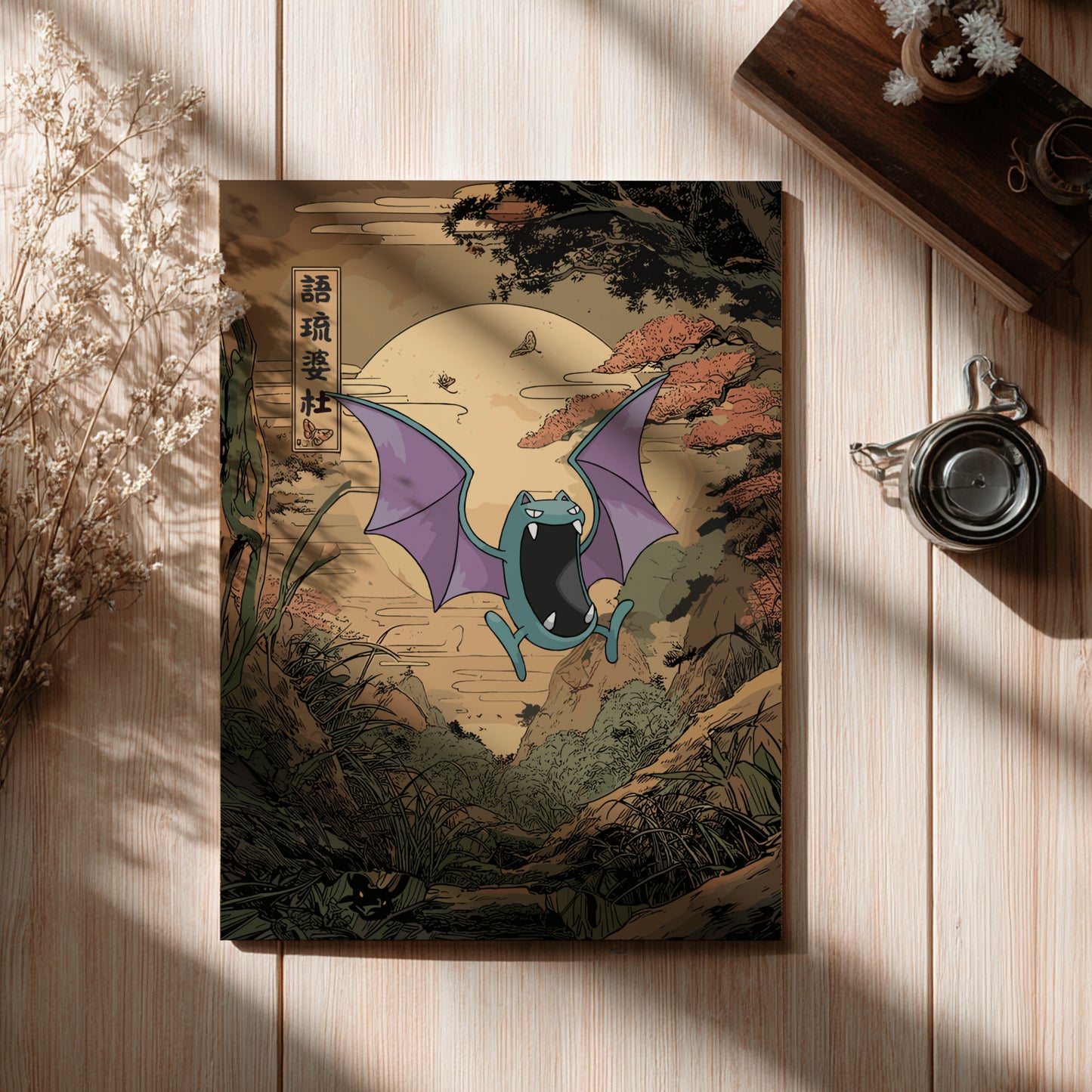 Wooden board with a colorful illustration of Golbat Pokemon on a wooden surface.