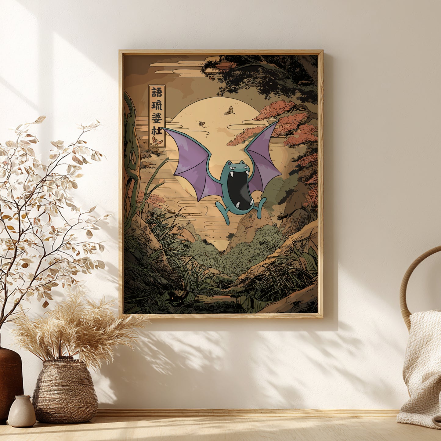 Framed artwork of Golbat Pokemon on a wall with decorative elements.